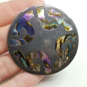 Vintage Sterling Silver Mother Of Pearl Abalone Round Pendant / Brooch, Taxco
